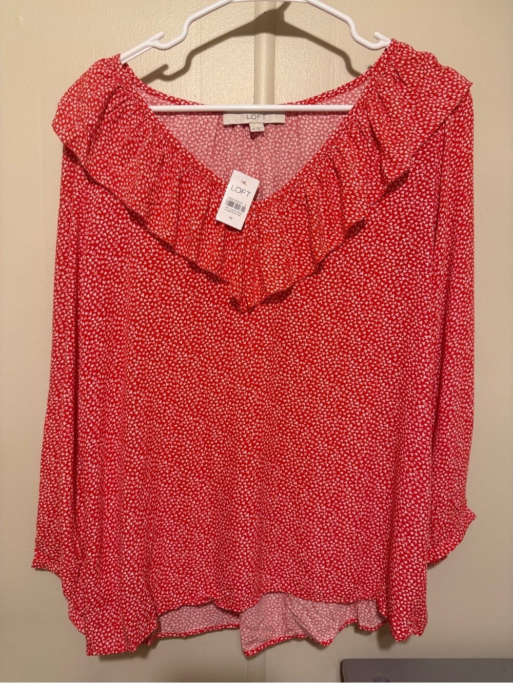 New Womens LOFT Red Ruffled V-Neck Blouse M